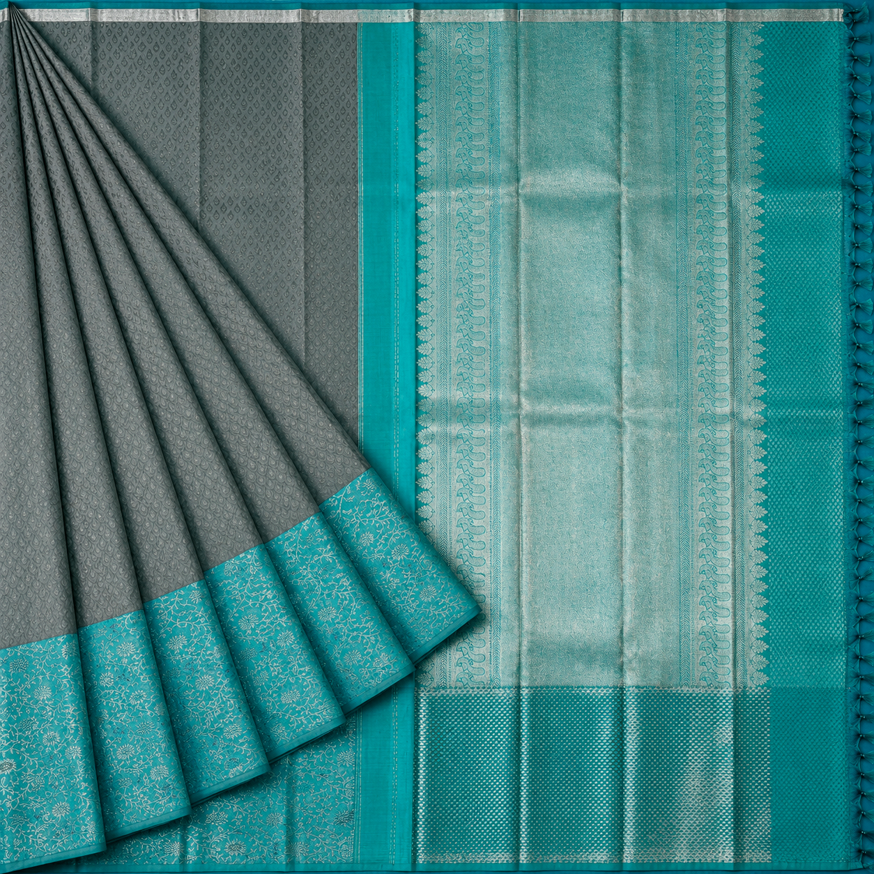 Grey & Teal Silver Zari Kanjivaram