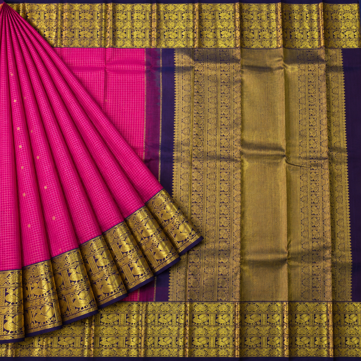 Rani Pink & Navy Checks Kanjivaram