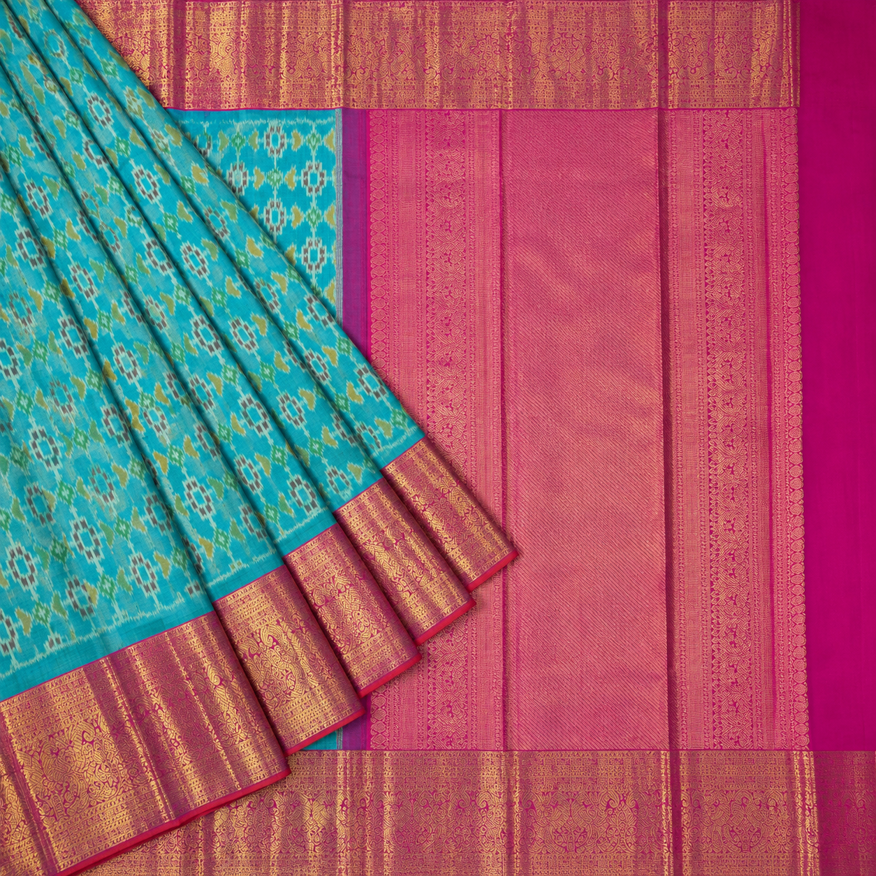 Turquoise & Pink Ikat Kanjivaram