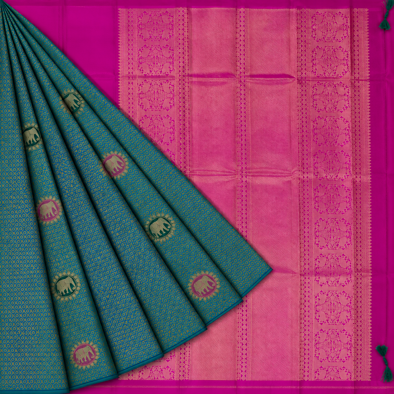 Teal & Rani Pink Elephant Kanjivaram